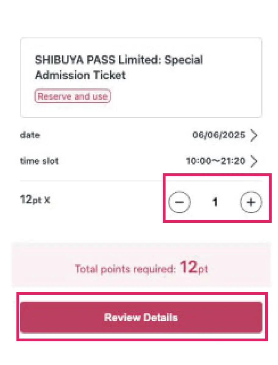 Select desired entry date, time, and quantity, and proceed to the next screen