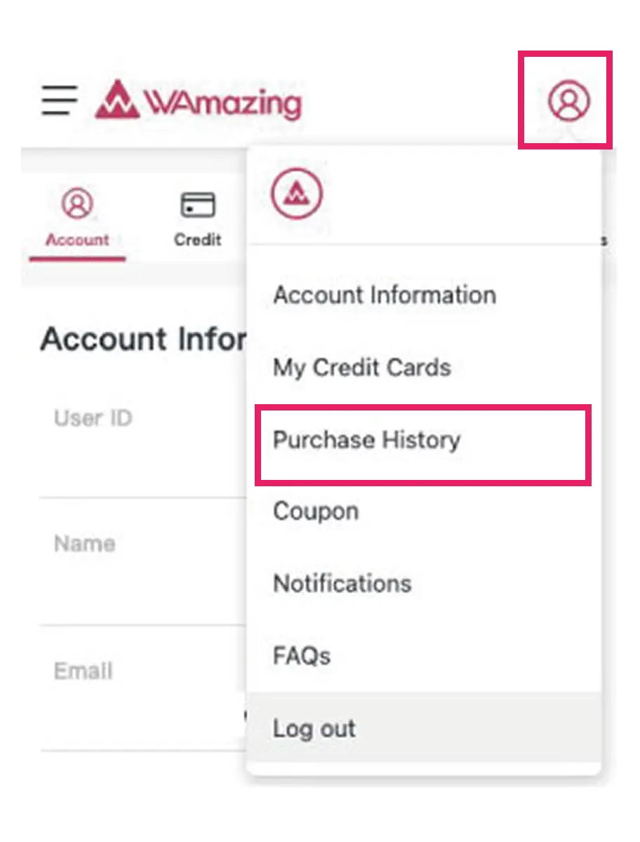 Tap the top-right icon, select Order History