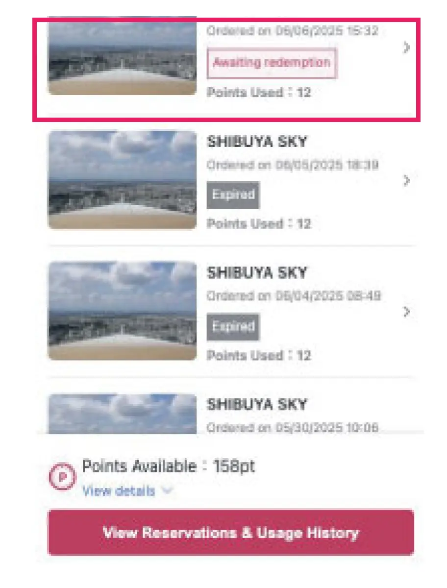 Select SHIBUYA SKY's advance booking history
